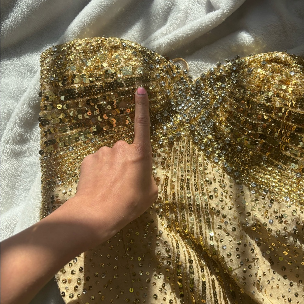 Basix Black Label Gold Sequin beaded embellished silk stone Strapless mini Dress - Picture 11 of 17